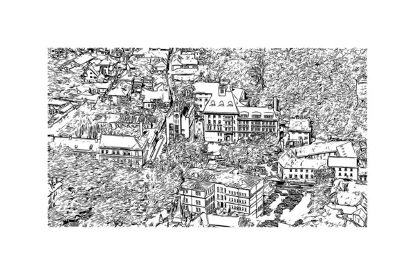 Brasov 'un tarihi yapısına sahip Print Building Romanya' nın kentidir. Vektörde elle çizilmiş çizim çizimi.