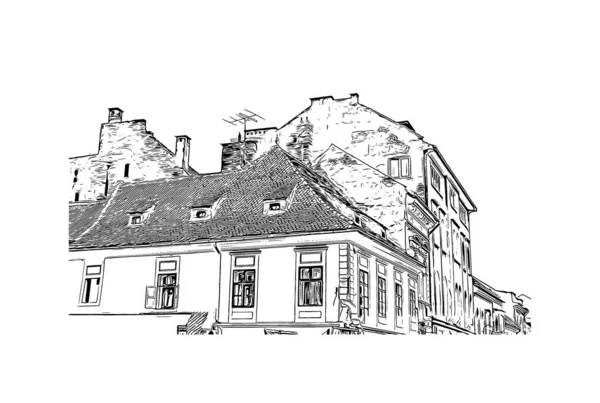 Imprimir Vista Del Edificio Con Hito Brasov Ciudad Rumania Dibujo — Archivo Imágenes Vectoriales