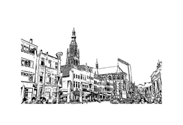 Breda, Hollanda 'nın güneyinde yer alan bir şehirdir. Vektörde elle çizilmiş çizim çizimi.
