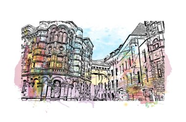 Print Building view, Almanya 'nın kuzeybatısında Weser Nehri' nde yer alan Bremen ilçe merkezi. Vektörde elle çizilmiş resim ile suluboya sıçraması.