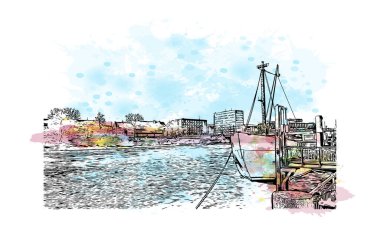 Print Building view, Almanya 'nın kuzeybatısında Weser Nehri' nde yer alan Bremen ilçe merkezi. Vektörde elle çizilmiş resim ile suluboya sıçraması.