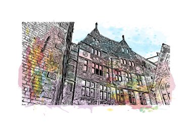 Print Building view, Almanya 'nın kuzeybatısında Weser Nehri' nde yer alan Bremen ilçe merkezi. Vektörde elle çizilmiş resim ile suluboya sıçraması.
