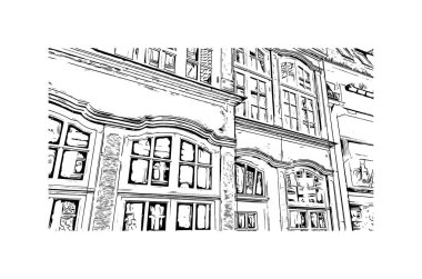Print Building view, Almanya 'nın kuzeybatısında Weser Nehri' nde yer alan Bremen ilçe merkezi. Vektörde elle çizilmiş çizim çizimi.
