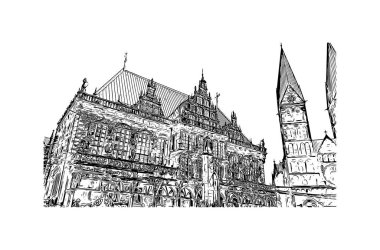 Print Building view, Almanya 'nın kuzeybatısında Weser Nehri' nde yer alan Bremen ilçe merkezi. Vektörde elle çizilmiş çizim çizimi.