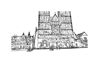 Print Building view, Almanya 'nın kuzeybatısında Weser Nehri' nde yer alan Bremen ilçe merkezi. Vektörde elle çizilmiş çizim çizimi.