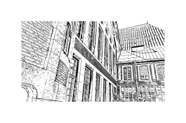 Print Building view, Almanya 'nın kuzeybatısında Weser Nehri' nde yer alan Bremen ilçe merkezi. Vektörde elle çizilmiş çizim çizimi.
