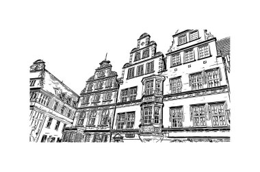 Print Building view, Almanya 'nın kuzeybatısında Weser Nehri' nde yer alan Bremen ilçe merkezi. Vektörde elle çizilmiş çizim çizimi.
