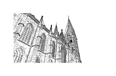 Print Building view, Almanya 'nın kuzeybatısında Weser Nehri' nde yer alan Bremen ilçe merkezi. Vektörde elle çizilmiş çizim çizimi.