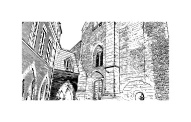 Print Building view, Almanya 'nın kuzeybatısında Weser Nehri' nde yer alan Bremen ilçe merkezi. Vektörde elle çizilmiş çizim çizimi.