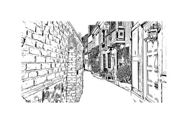 Print Building view, Almanya 'nın kuzeybatısında Weser Nehri' nde yer alan Bremen ilçe merkezi. Vektörde elle çizilmiş çizim çizimi.