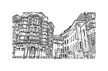 Print Building view, Almanya 'nın kuzeybatısında Weser Nehri' nde yer alan Bremen ilçe merkezi. Vektörde elle çizilmiş çizim çizimi.