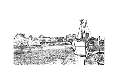 Print Building view, Almanya 'nın kuzeybatısında Weser Nehri' nde yer alan Bremen ilçe merkezi. Vektörde elle çizilmiş çizim çizimi.