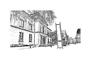 Print Building view, Almanya 'nın kuzeybatısında Weser Nehri' nde yer alan Bremen ilçe merkezi. Vektörde elle çizilmiş çizim çizimi.