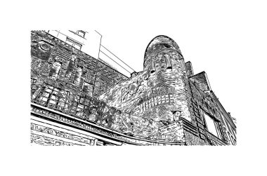 Print Building view, Almanya 'nın kuzeybatısında Weser Nehri' nde yer alan Bremen ilçe merkezi. Vektörde elle çizilmiş çizim çizimi.