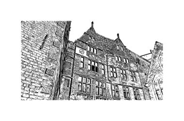 Print Building view, Almanya 'nın kuzeybatısında Weser Nehri' nde yer alan Bremen ilçe merkezi. Vektörde elle çizilmiş çizim çizimi.