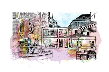 Print Building view, Almanya 'da Bonn eyaletinde yer alan bir şehirdir. Vektörde elle çizilmiş resim ile suluboya sıçraması.