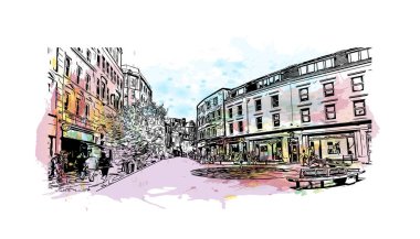Bournemouth 'un simgesi olan Print Building View İngiltere' de yer almaktadır. Vektörde elle çizilmiş resim ile suluboya sıçraması.