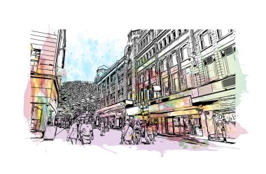 Bournemouth 'un simgesi olan Print Building View İngiltere' de yer almaktadır. Vektörde elle çizilmiş resim ile suluboya sıçraması.