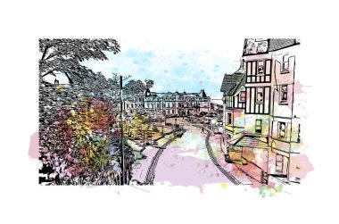 Bournemouth 'un simgesi olan Print Building View İngiltere' de yer almaktadır. Vektörde elle çizilmiş resim ile suluboya sıçraması.