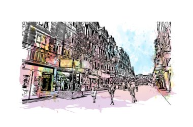 Bournemouth 'un simgesi olan Print Building View İngiltere' de yer almaktadır. Vektörde elle çizilmiş resim ile suluboya sıçraması.