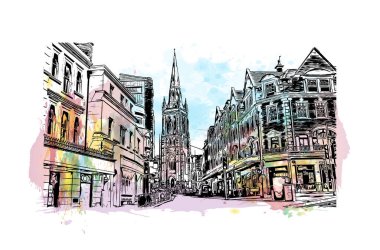 Bournemouth 'un simgesi olan Print Building View İngiltere' de yer almaktadır. Vektörde elle çizilmiş resim ile suluboya sıçraması.