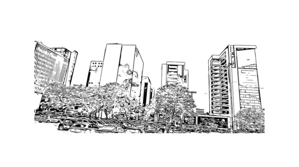 Imprimir Vista Edifício Com Marco Brasília Capital Brasil Desenho Desenhado — Vetor de Stock