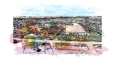 Brezilya 'nın başkenti Brasilia' nın simgesi olan Print Building view 'dir. Vektörde elle çizilmiş resim ile suluboya sıçraması.