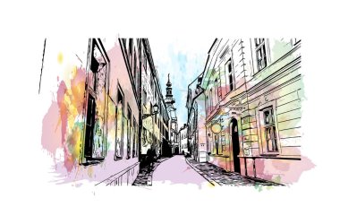 Bratislava 'nın simgesi olan Print Building view Slovakya' nın başkentidir. Vektörde elle çizilmiş resim ile suluboya sıçraması.