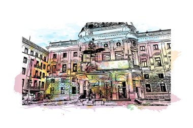 Bratislava 'nın simgesi olan Print Building view Slovakya' nın başkentidir. Vektörde elle çizilmiş resim ile suluboya sıçraması.