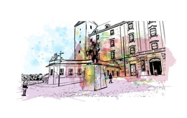 Bratislava 'nın simgesi olan Print Building view Slovakya' nın başkentidir. Vektörde elle çizilmiş resim ile suluboya sıçraması.