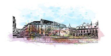 Bratislava 'nın simgesi olan Print Building view Slovakya' nın başkentidir. Vektörde elle çizilmiş resim ile suluboya sıçraması.