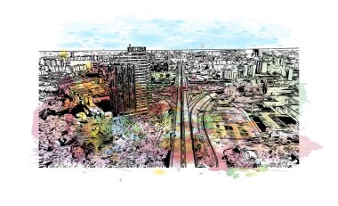 Bratislava 'nın simgesi olan Print Building view Slovakya' nın başkentidir. Vektörde elle çizilmiş resim ile suluboya sıçraması.