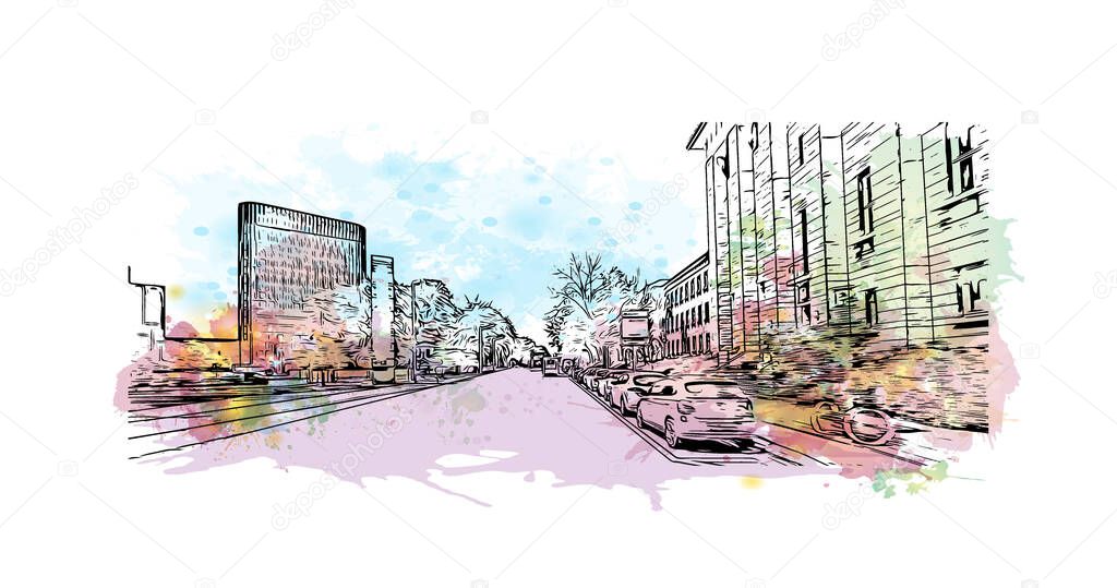 Print Building view with landmark of Brunswick is the city in Germany. Watercolour splash with hand drawn sketch illustration in vector.