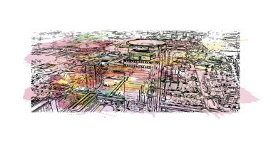 Print Building view with landmark of Brescia is the city in Italy. Vektörde elle çizilmiş resim ile suluboya sıçraması.