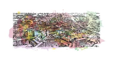 Print Building view with landmark of Brescia is the city in Italy. Vektörde elle çizilmiş resim ile suluboya sıçraması.