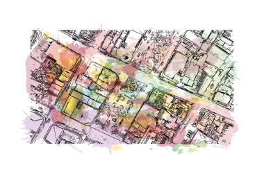 Filipinler 'deki Cagayan de Oro şehrinin simgesi olan Print Binası manzarası. Vektörde elle çizilmiş resim ile suluboya sıçraması.