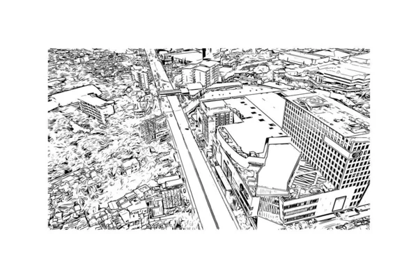 Filipinler 'deki Cagayan de Oro şehrinin simgesi olan Print Binası manzarası. Vektörde elle çizilmiş çizim çizimi.