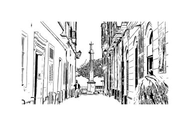 İspanya 'nın başkenti Cadiz' in simgesi olan Print Building View 'dir. Vektörde elle çizilmiş çizim çizimi.