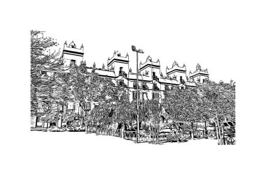 İspanya 'nın başkenti Cadiz' in simgesi olan Print Building View 'dir. Vektörde elle çizilmiş çizim çizimi.