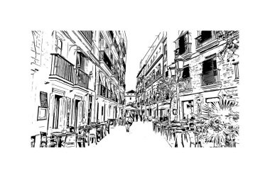 İspanya 'nın başkenti Cadiz' in simgesi olan Print Building View 'dir. Vektörde elle çizilmiş çizim çizimi.