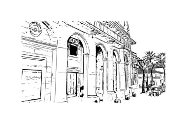 İspanya 'nın başkenti Cadiz' in simgesi olan Print Building View 'dir. Vektörde elle çizilmiş resim ile suluboya sıçraması.