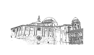 İspanya 'nın başkenti Cadiz' in simgesi olan Print Building View 'dir. Vektörde elle çizilmiş resim ile suluboya sıçraması.