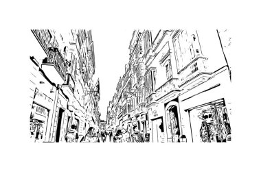 İspanya 'nın başkenti Cadiz' in simgesi olan Print Building View 'dir. Vektörde elle çizilmiş resim ile suluboya sıçraması.