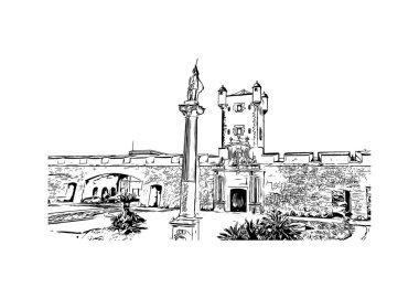 İspanya 'nın başkenti Cadiz' in simgesi olan Print Building View 'dir. Vektörde elle çizilmiş resim ile suluboya sıçraması.