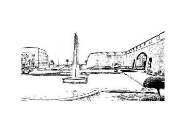 İspanya 'nın başkenti Cadiz' in simgesi olan Print Building View 'dir. Vektörde elle çizilmiş resim ile suluboya sıçraması.