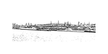 İspanya 'nın başkenti Cadiz' in simgesi olan Print Building View 'dir. Vektörde elle çizilmiş resim ile suluboya sıçraması.