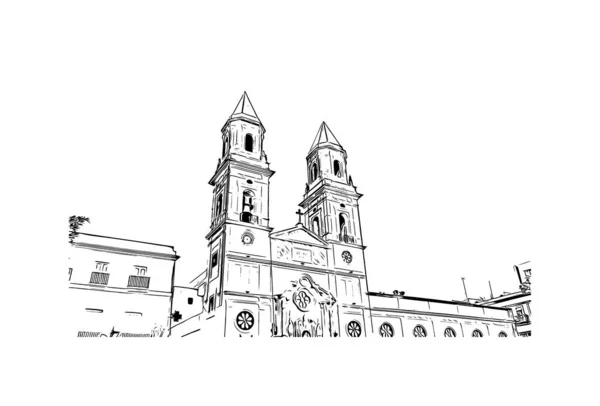 Imprimir Vista Del Edificio Con Hito Cádiz Ciudad España Dibujo — Vector de stock