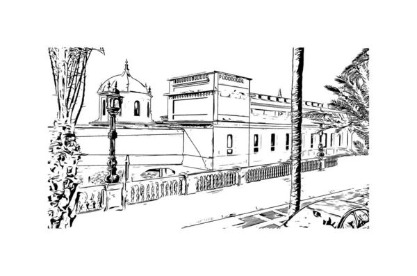 Print Building View Landmark Cadiz Staden Spanien Akvarell Stänk Med — Stock vektor