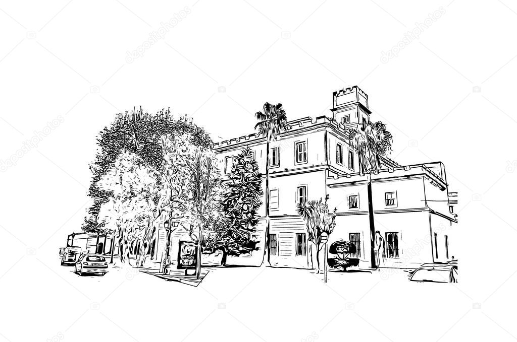 Print Building view with landmark of Cadiz is the city in Spain. Hand drawn sketch illustration in vector.