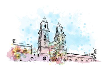 İspanya 'nın başkenti Cadiz' in simgesi olan Print Building View 'dir. Vektörde elle çizilmiş resim ile suluboya sıçraması.